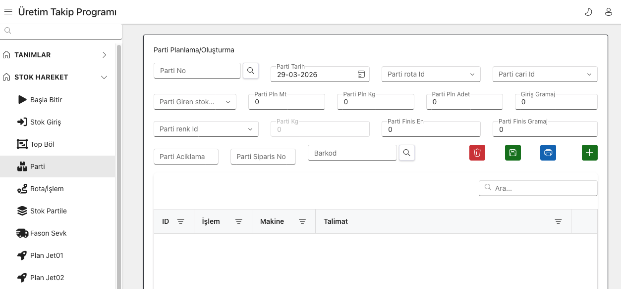 Textile dyehouse batch planning screen